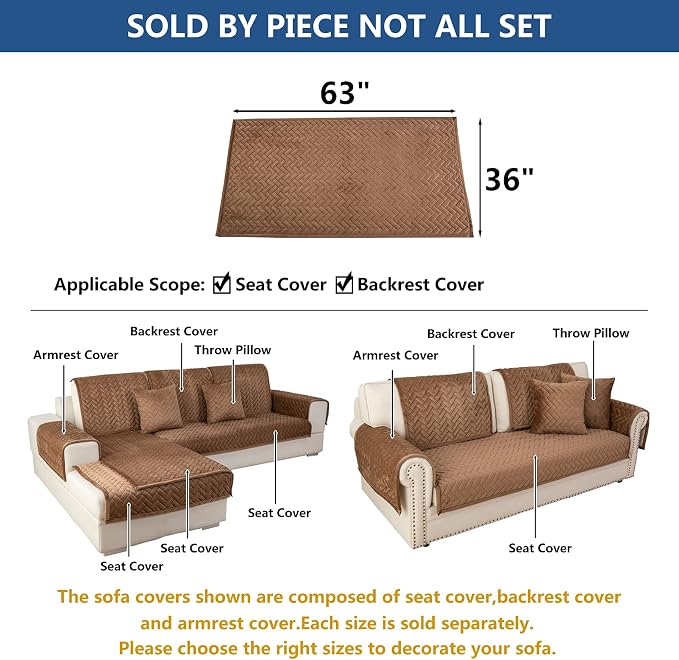 Eismodra Couch Cover,Sectional Couch Covers,Sofa Covers for 3 Cushion Couch,Anti-Slip Sofa Slipcovers for Dogs Cats Kids Loveseat Recliner L Shaped Armrest Backrest,Brown 36''x63''(Only 1 Piece)