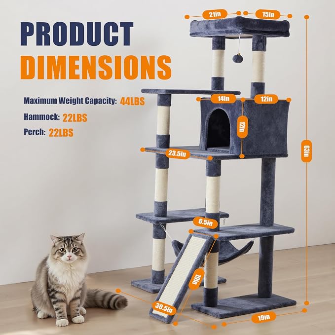 63 Inch Large Cat Tree Tower for Indoor Cats, Dark Grey | Multi-Level Tall Cat Tree Tower with Condo, Perch, Sisal Scratching Posts Board and Hammock, Dangling Balls