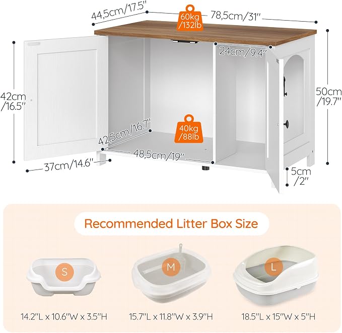HOOBRO Litter Box Enclosure, Cat Litter Box Furniture with Removable Divider, Hidden Litter Box Furniture, Wooden Cat House, End Side Table, 31" L x 17.5" W x 19.7" H, White and Walnut WH03MW01G2