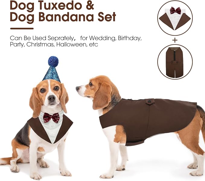 Kuoser Dog Tuxedo, Dog Suit and Bandana Set, Dogs Costume with D-Ring | Formal Dog Outfit with Detachable Bowtie Collar for Wedding, Birthday, Party, Christmas, Halloween, Brown L