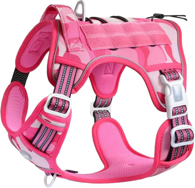 Auroth Tactical Dog Harness for Small Medium Large Dogs No Pull Adjustable Pet Harness Reflective K9 Working Training Easy Control Pet Vest Military Service Dog Harnesses Small, Pink Camo