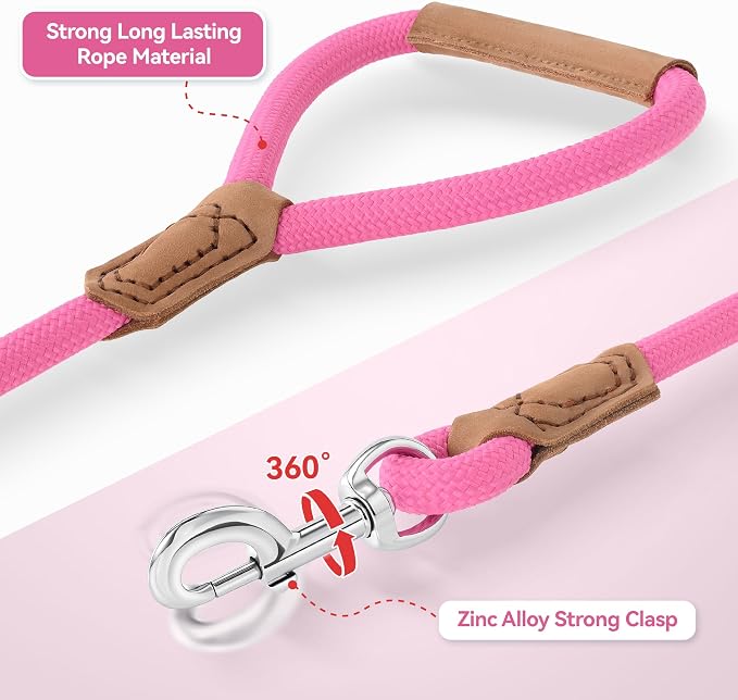 Mile High Life Dog Leash with Genuine Leather Handle, 6 FT/5 FT/4 FT | Leather Grip Rope Leash, Heavy Duty 360° Swivel Metal Clasp, for Small Medium & Large Dogs
