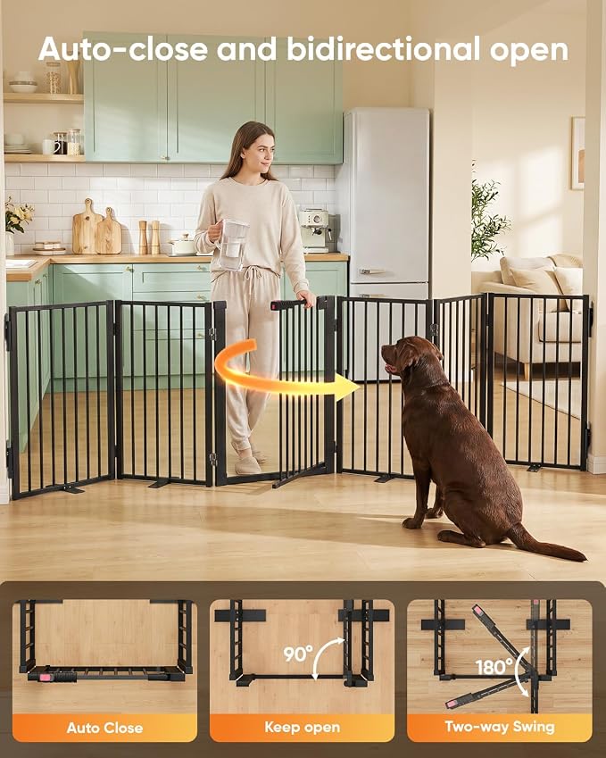 Full Metal Free Standing Dog Gate with Door for Indoor & Outdoor,120'' Extra Wide 32'' Tall Dog Gate for The Doorways,Large Openings,Decks,Porch,Pet Freestanding Safety Fence(6 Panels,Black)