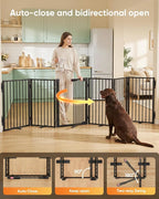 Full Metal Free Standing Dog Gate with Door for Indoor & Outdoor,120'' Extra Wide 32'' Tall Dog Gate for The Doorways,Large Openings,Decks,Porch,Pet Freestanding Safety Fence(6 Panels,Black)