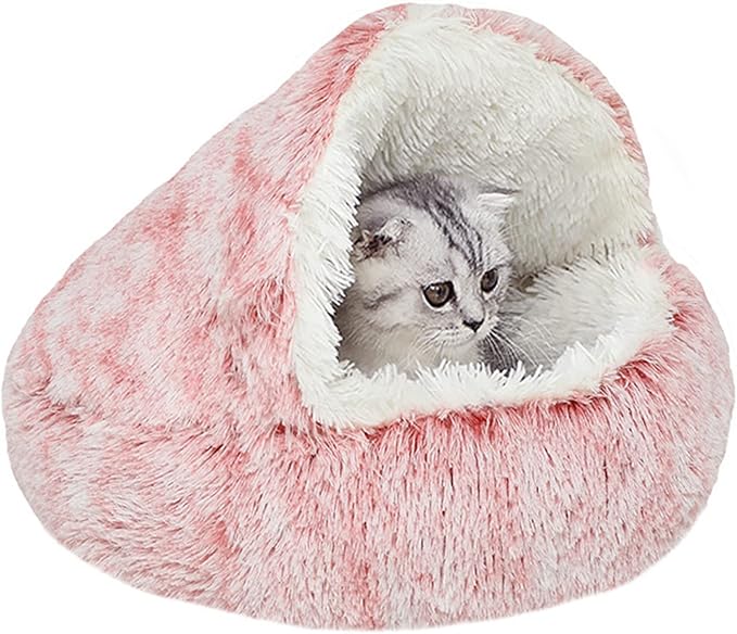 YUDANSI Cat Bed Hooded for Indoor Cats, Dog Bed with Large Covered Hood for Small Dogs Cats Puppy Kitty, Anti Anxiety Donut Cuddler, Anti Slip Plush Faux Fur Enclosed Pet Nest (Washable)(Pink-20inch)