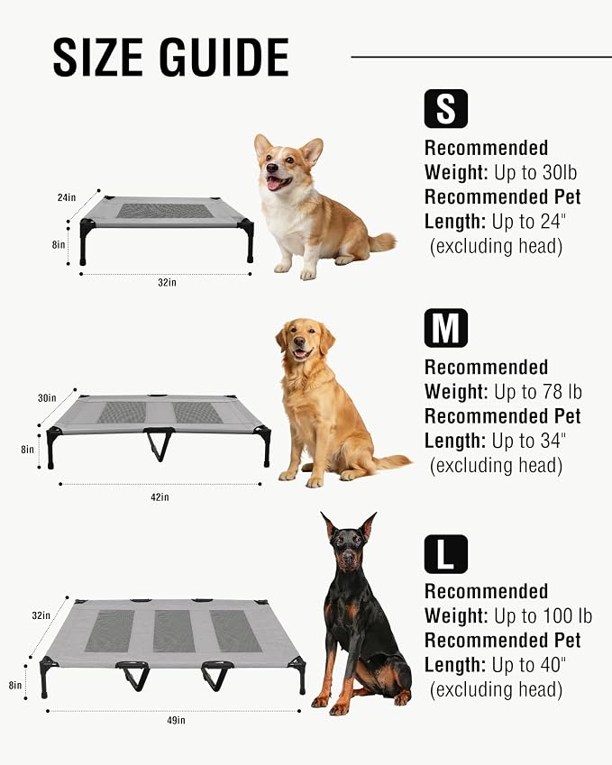 Elevated Dog Bed with Heavy-Duty Steel Frame, Breathable Mesh Cooling Surface, Easy to Clean, Portable Raised Dog Cot for Indoor & Outdoor Use,49x32x8 InchesGrey Dog Bed,Size L.