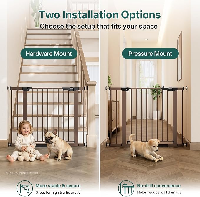 InnoTruth 29.6-39.1 in Wide Baby Gate for Stairs and Doorways, Brown | Indoor Metal Dog Gate for Pets, Auto Close 2 Way Swing Walk Through Door, Double Lock & Y-Bolts, Pressure or Hardware Mount