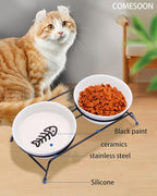 Anti-Vomiting Raised Cat Bowls - 2 × 13 oz Ceramic Cat Food & Water Bowls with Non-Slip Stainless Steel Stand, Dishwasher Safe for Indoor Cats