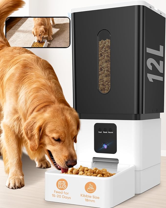 UTCG Large Breed Automatic Dog Feeder with 1080P HD Camera, 12L/50 Cups | 20-Day Food Capacity, Anti-Clog 0.78inch Wide Outlet for Large Kibble, for Busy Pet Owners