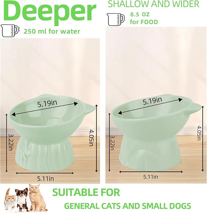 Elevated Cat Bowls 2-Pack, Ceramic Raised Cat Food & Water Dishes - Extra Wide & Shallow Whisker-Friendly Design, Anti-Vomit & Easy Digestion, Lead/Cadmium-Free, Microwave & Dishwasher Safe (Green)
