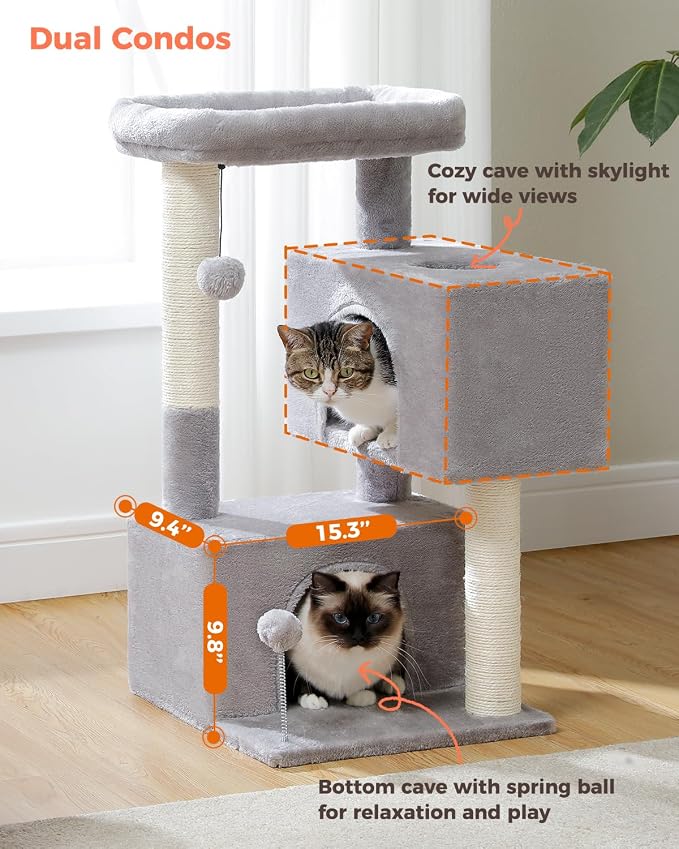 Small Cat Tree for Kittens, 32 in Cat Tower with 2 Cozy Condos | Multi-Level Cat Tree with Scratching Posts, Soft Padded Perch, 2 Dangling Toys