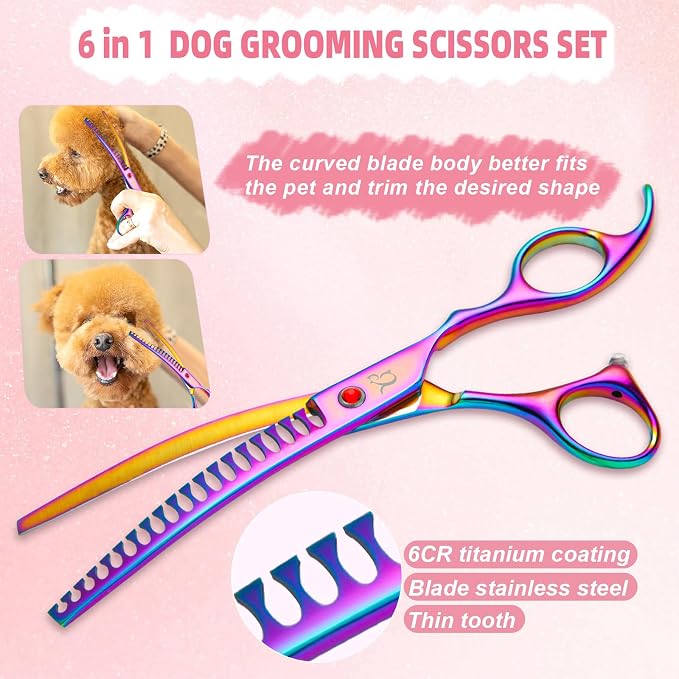 Dog Grooming Scissors,Rainbow Curved Chunkers Shears with Safety Round Tips,Sharp and Durable 6 in 1 Dog Scissors for Grooming