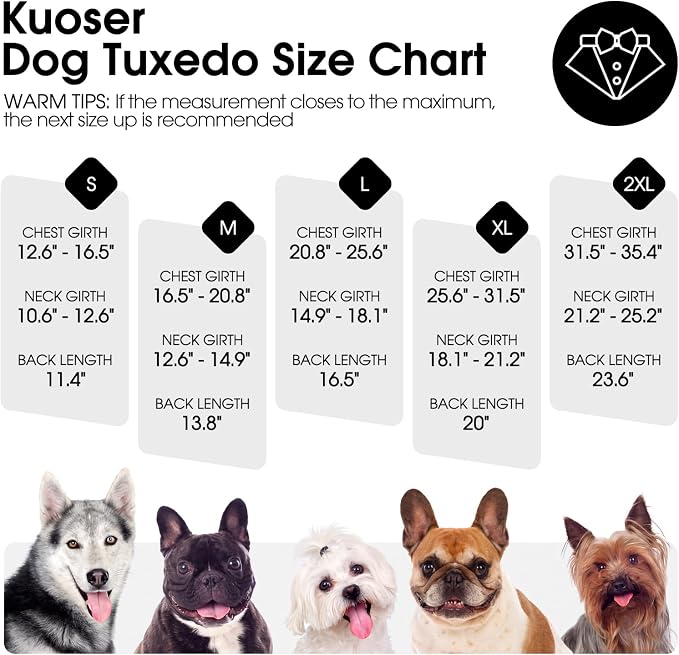 Kuoser Dog Tuxedo, Dog Suit and Bandana Set, Dogs Costume with D-Ring | Formal Dog Outfit with Detachable Bowtie Collar for Wedding, Birthday, Party, Christmas, Halloween, Black L