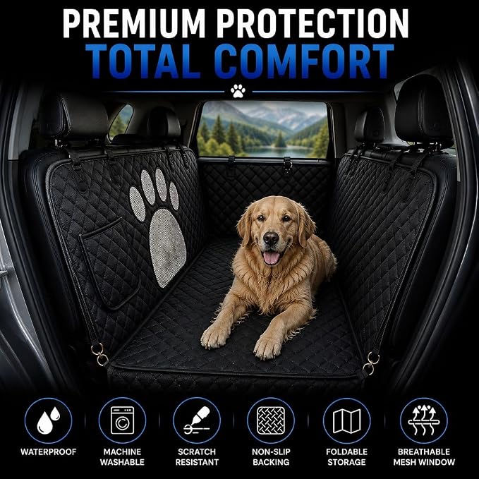 Dog Car Seat Cover for Back Seat – Hammock Style Pet Seat Protector for Cars, SUVs & Trucks | Waterproof Backing, Non-Slip, Scratch-Resistant, Mesh Window, Adjustable Straps, Machine Washable