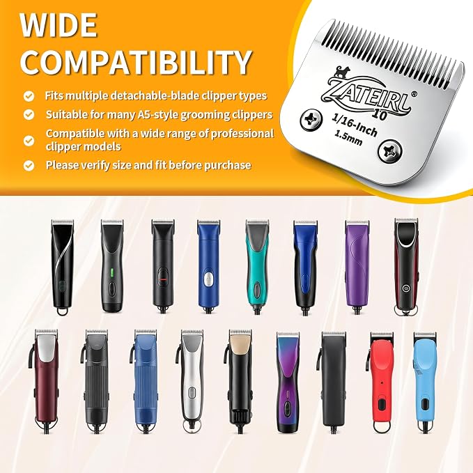 4 Pack Pet Grooming Clipper Blades with Ceramic Cutters, Sizes 10, 7FC, 5FC & 4FC, Silver, Compatible with Andis, Oster A5, Wahl KM10 A5 Style Dog Clippers