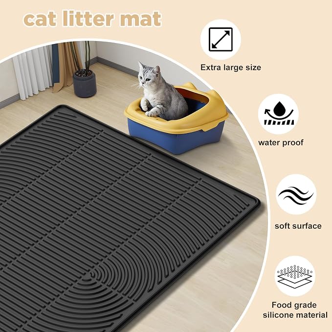 AMOK Cat Litter Mat, Extra Large Silicone Litter Box Mat 40" x 28", Waterproof Litter Trapping Mat for Cats, Durable and Easy to Clean, Black