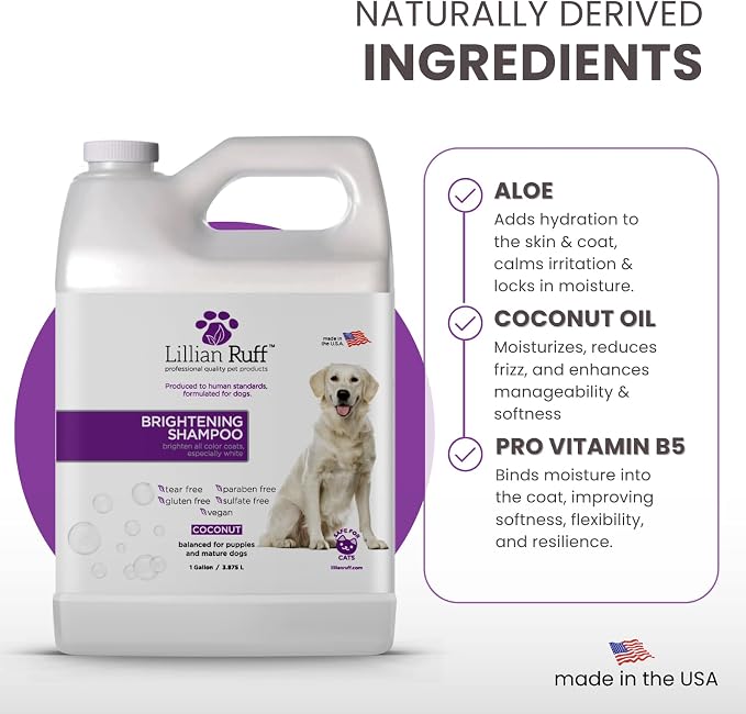 Lillian Ruff PRO Formula Ultra Brightening Dog Shampoo - Professional Whitening & Long-Lasting Odor Eliminator, Remove Stains & Discoloration, Dry Skin & Itch Relief - Aloe & Provitamin B5 Gallon+Pump