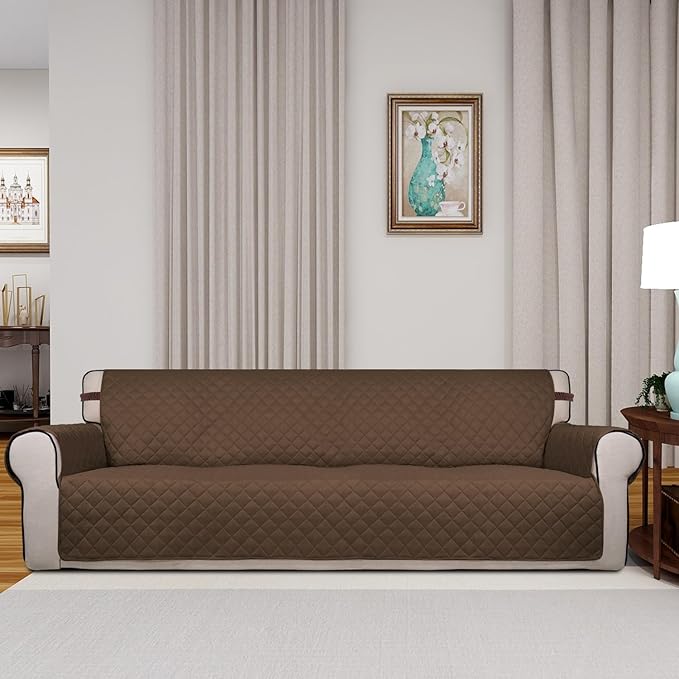 PureFit Reversible Quilted Couch Covers for Dogs Sofa Cover 4 Seater 88" | Coffee/Ivory, Water Resistant Couch Protector, Washable Pet Couch Cover with Non Slip and Elastic Straps For Kids