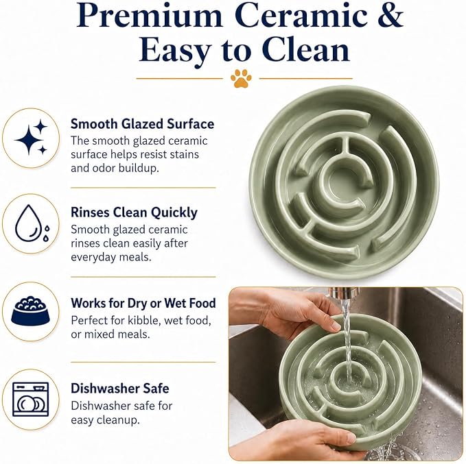 Ceramic Slow Feeder Dog Bowl 1.5 Cup Puzzle Dish for Small Medium Dogs | Glazed ceramic maze bowl with 1.5-cup capacity for dry or wet food, sized for small and medium dogs