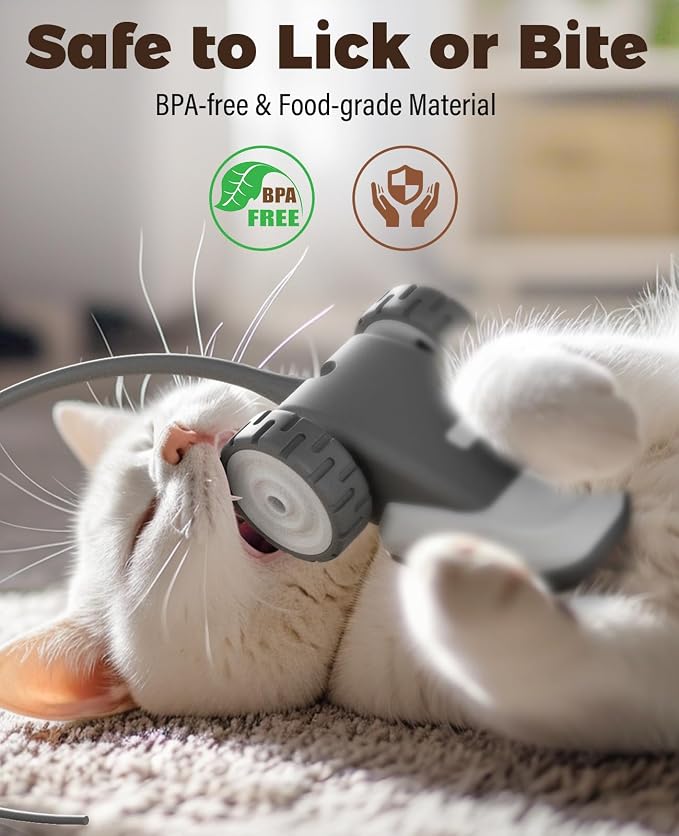 CYROS 3-in-1 Interactive Cat Toy - 2-Speed Automatic Moving Mouse Cat Toys Self Play with 2pcs Hanging Feather String Ribbon and Wiggly Silicone Mice Tail for Bored Indoor Adult Cats Kittens