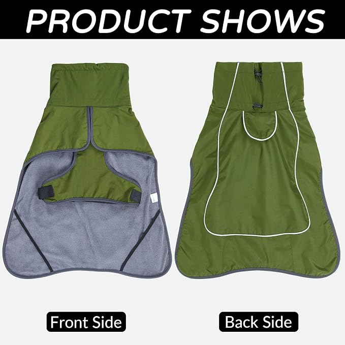 Waterproof Large Dog Raincoat, Windproof Rain Jacket with Velvet Lining for Outdoor Windy Weather, Breathable Full-Body Coverage Dry Suit Coat with Reflective Strips for Extra Big Dog (Green, XL)