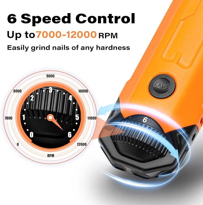 Casfuy 6-Speed Dog Nail Grinder - Newest Enhanced Pet Nail Grinder Super Quiet Rechargeable Electric Dog Nail Trimmer Painless Paws Grooming & Smoothing Tool for Large Medium Small Dogs (Orange)