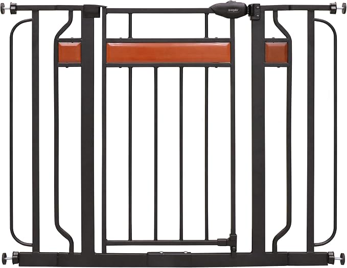 Regalo Safety 30"-41.5" Extra Wide Baby Gate, Bottom of Stairs & Doorways | Pressure Mounted with Door, For Babies, Toddlers & Pets, Black with Wood Accent, Tested & Trusted for 30 Years