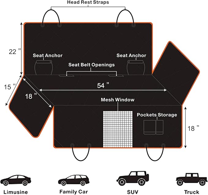 Femuar Dog Car Seat Cover, Waterproof Nonslip Pet Seat Cover for Back Seat with Storage Pockets Mesh Visual Window, Heavy Duty Scratchproof Pet Dog Seat Cover Hammock for Cars Trucks and SUVs