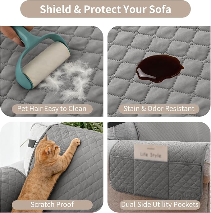 100% Waterproof Couch Cover for Dogs with Non-Slip & Side Pockets 46", Furniture Protector Sofa Covers, Washable Cushion Covers for Pets Kids Cat-Small Loveseat Newgrey