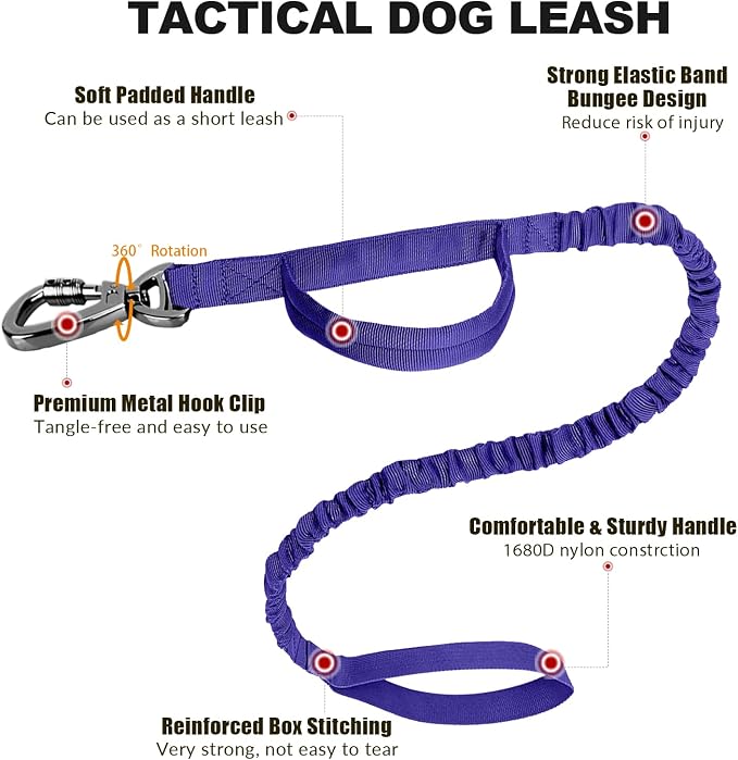 Tactical Dog Collar and Bungee Leash Set, Adjustable Military Training Nylon Dog Collar with Controll Handle and Heavy Metal Buckle，with USA American Flag, Patches and Airtags Case (Purple, XL)