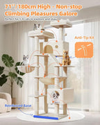 Taoqimiao Cat Tree, 71 in Extra Large Cat Tower for Inddor Cats, MS026LM | 2 Large Cat Condos, 2 Cute Perches, Metal Frame Cozy Hammock, Durable Scratch Board, 8 Natural Sisal Posts, Basket, Beige