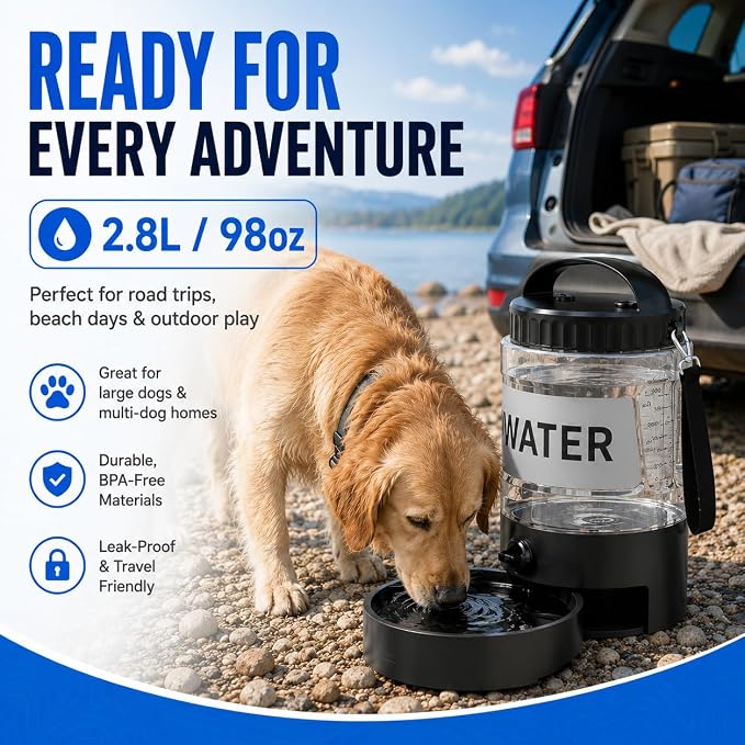 Portable Dog Water Bottle with Travel Bowl, 98 oz/2.8 L, Black | 2-in-1 portable dog water bottle with pull-out bowl; BPA-free plastic, silicone seal, wide mouth and grip for hikes or travel
