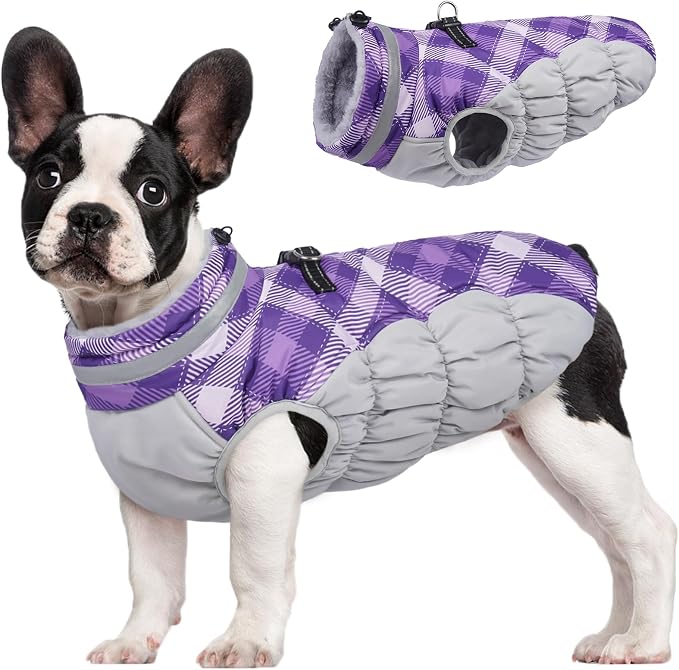 FUAMEY Dog Cold Weather Coats Reflective Dog Warm Jacket with Harness | Fleece Winter Coat for Medium Dogs Snow Puffer Vests with Zipper Reflective Turtleneck Jackets for Winter Purple Plaid M