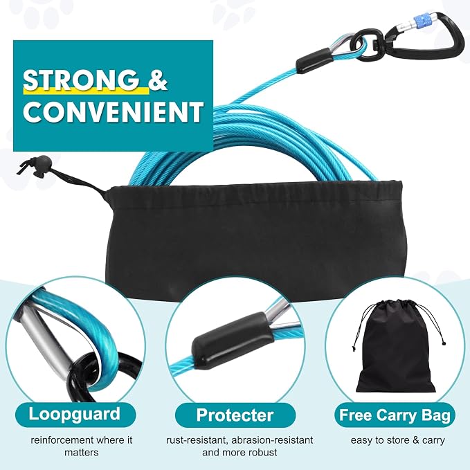 Snagle Paw Dog Leads for Yard 100FT-1000LBS Break Strength,Heavy Duty Tie Out Run Cable for Medium Large Dogs with Swivel Lockable Hook & Spring,Chew Proof Chain for Outside