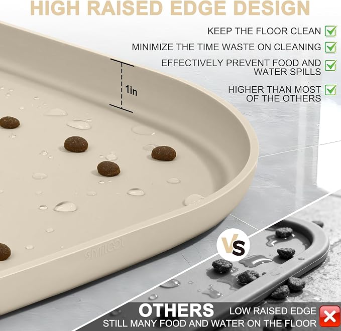 SMILOOL 36" x 24" x 1" Extra Large Silicone Pet Food Mat with Raised Edge for Food and Water Bowl, Dog Feeding Mats, Cat Food Trays for Floor Waterproof, Rubber Tray for Dogs and Cats, Beige