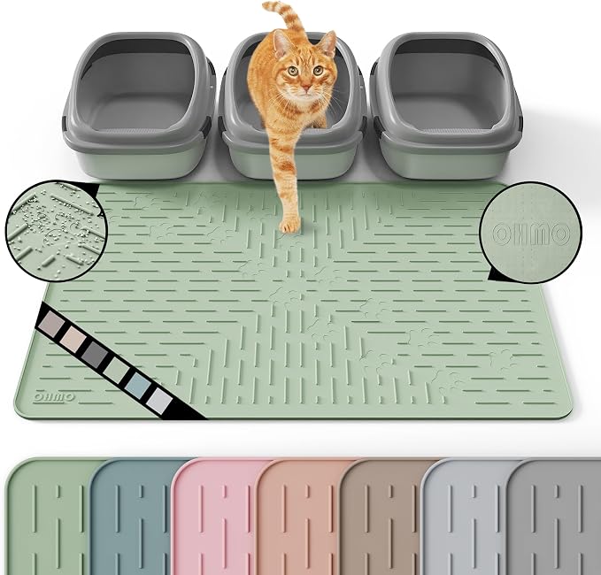 XL Cat Litter Mat, 37.5x25.2 Silicone Trapping Mat Sage Green | for Kitty Litter Box, Easy Clean, BPA Free Rubber, Center Litter Collection, Easy Pour-Back, Waterproof, Odor-Resistant