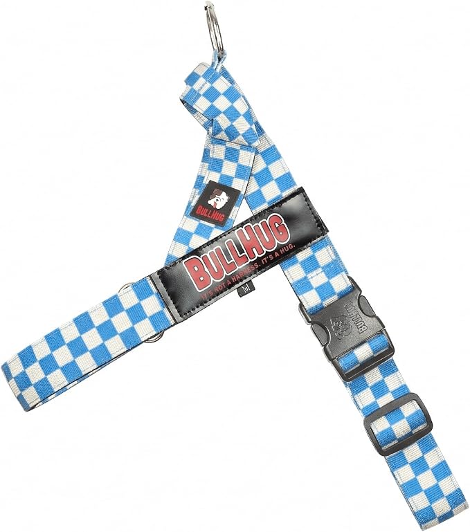BULLHUG Adjustable Dog Harness– No Pull, No Choke – for English Bulldogs, French Bulldogs, Pugs & Broad-Chested Breeds – Easy, Safe Walks (Blue Checkers, Large)