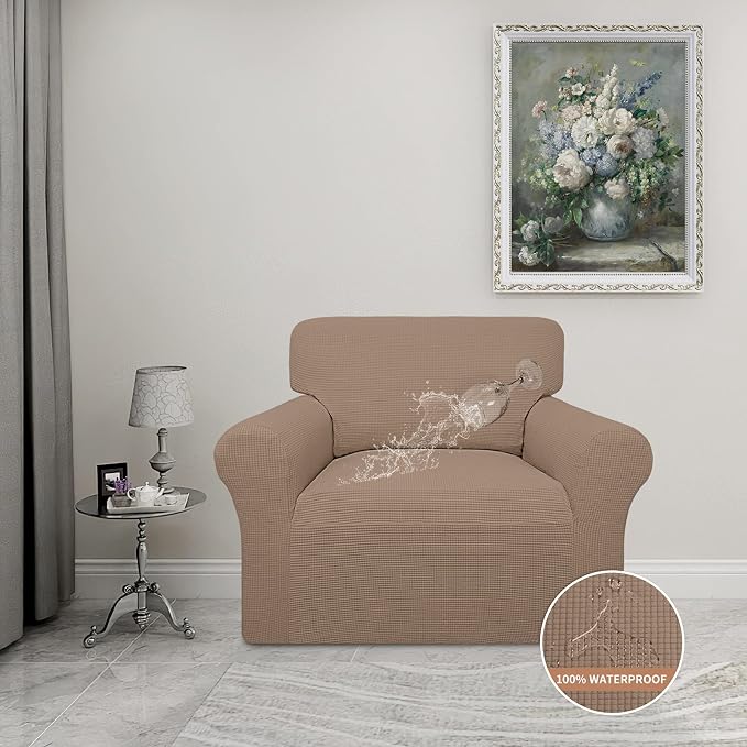 Easy-Going 100% Waterproof Chair Couch Cover, Stretch Jacquard Sofa Cover | Dual Waterproof Sofa Slipcover, Leakproof Furniture Protector for Kids, Pets, Dog and Cat (Chair, Camel)