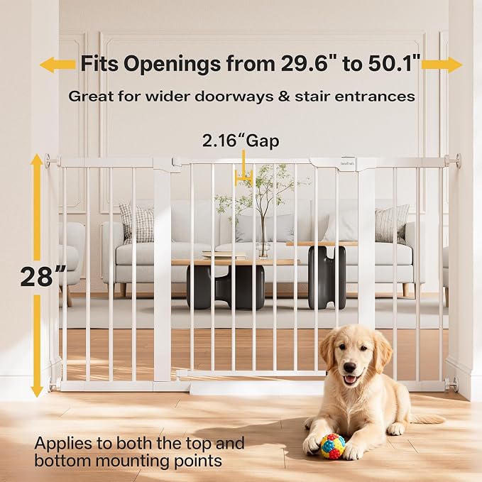 InnoTruth 29.6-50.1 in Extra Wide Baby Gate for Stairs and Doorways, White | Indoor Metal Dog Gate for Pets, Auto Close 2 Way Swing Walk Through Door, Double Lock & Y-Bolts, Pressure or Hardware Mount