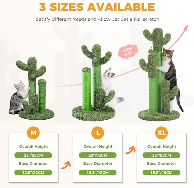 PAWZ Road Cat Scratching Post 23” Cactus Cat Scratcher with Toy Ball | Cactus Cat tree with 3 Sisal & Carpet Scratching Posts, Soft Carpet Base & Top, Interactive Ball for Indoor Cats