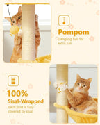 MUTTROS 28" Flower Cat Tree Cute with Flower Top Perch, Large Hammock for Indoor Small Cats, Small Cat Tower with Cute Scratching Post and Fur Toy Ball for Kittens, Yellow