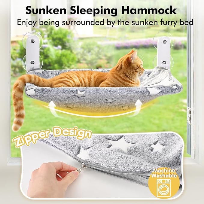 Zoratoo Glow in the Dark Cat Window Perch, Foldable Cordless Pet Hammock, L | Glowing Stars Fabric, Sturdy Metal Frame, Removable for Machine Wash, Comfortable Sunken Design Resting Seat for Indoor Cats