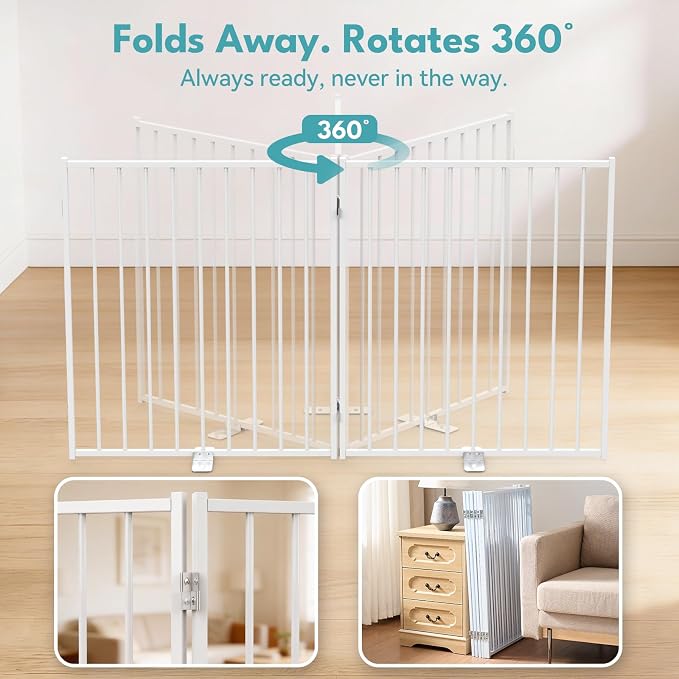 No Pawblems Full Metal Freestanding Dog Gate with Door, 30" Tall | Foldable Pet & Dog Fence for Stairs/Deck/Doorways, Indoor/Outdoor, Freestanding & Wall Mount, 104" Wide, 4 Panels, White