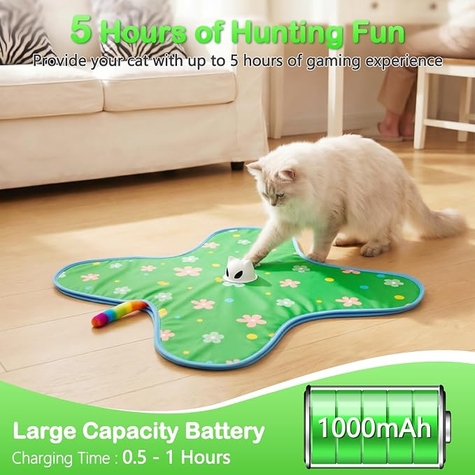 Interactive Cat Toys for Indoor Cats, Rechargeable Hide & Seek Toy | Touch Activated, 3 Speed Modes, Realistic Bird Chirps, 10-Min Auto Shutoff, Hidden Feather Wand for Bored Adult Cats, Green