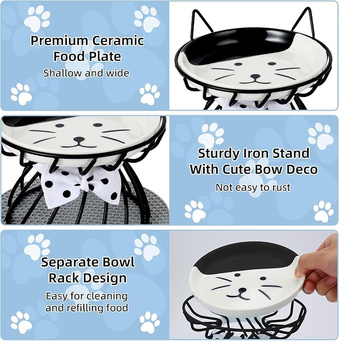 Elevated Cat Food Dish, Ceramic, Non-Slip Stand, Raised Feeding Station, 5 in, Shallow for Whiskers, Dishwasher Safe | Easy-clean Wide shallow dish for whisker comfort Non-slip