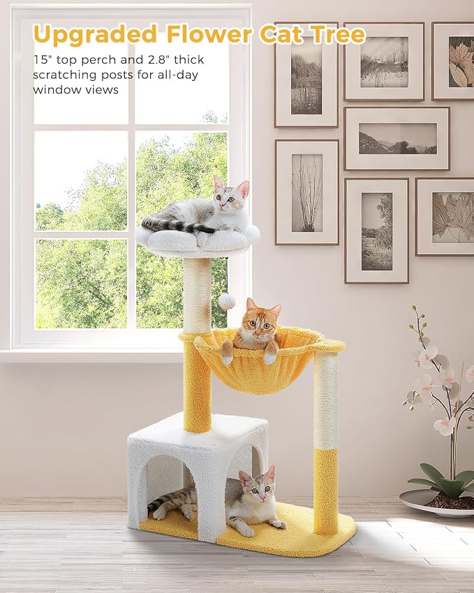 MUTTROS Cute Cat Tree with Flower Top Bed - Cloud Scratching Posts, 35" Small Cat Tower with Large Metal Frame Hammock for Indoor Cats, White Cat Condo for Kittens, Yellow