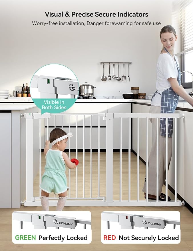 COMOMY 30" Tall Baby Gate for Stairs Doorways, Fits Openings 29.5" to 51.6" Wide, Auto Close Extra Wide Dog Gate for House, Pressure Mounted Easy Walk Through Pet Gate with Door, White | Auto Close Extra Wide Dog Gate for House, Pressure Mounted Easy W...