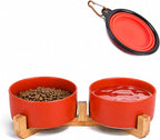 Petygooing Dog Bowls,Ceramic Cat Dog Bowl Set with Wood Stand for Food and Water,Non-Slip Cute Modern Pet Dish for Cats Small Size Dogs Puppy (13.5OZ/5.1 in) Rust Red