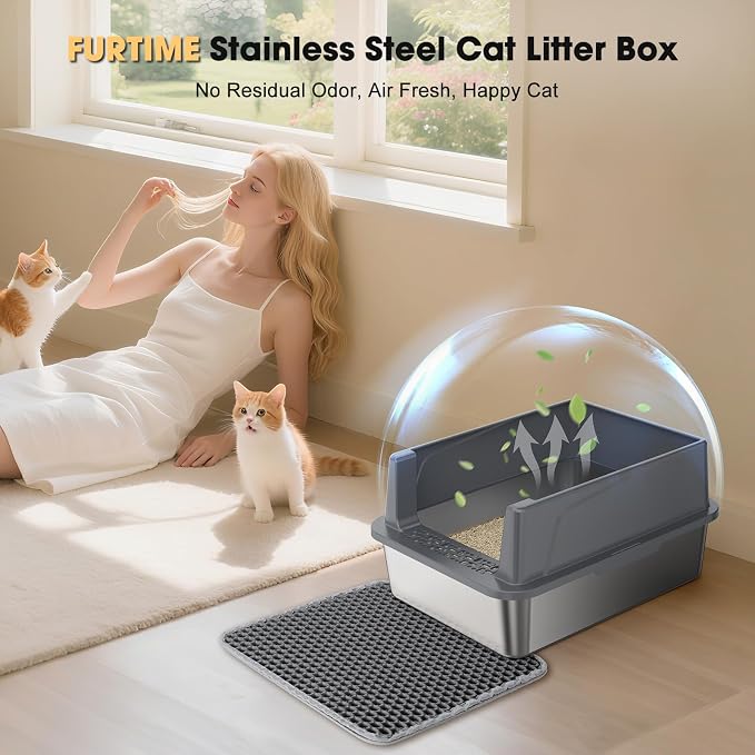 FURTIME Stainless Steel Cat Litter Box, Small Cats Metal Litter Box | High-Sided Open-Top Easy-Clean Litter Pan, Non-Stick, Anti-Leakage, Odor-Free, Comes with Scoop & Mat, 17"×13"×8.4"