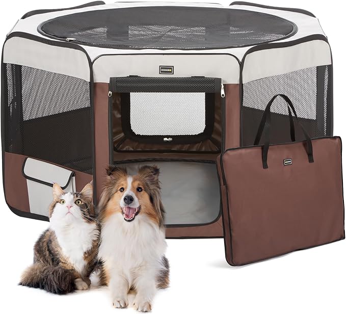 DONORO Dog Playpen 46" Portable Pet Play Pens for Small Medium Dogs, Foldable Exercise Kennel Tent Crate Indoor/Outdoor Travel Camping, Removable Top/Bottom (Brown, Large (46"x46"x23"), 8)